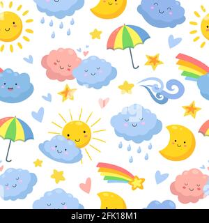 Cute clouds pattern. Sky backdrop, dream and stars. Nursery wallpaper, clothes print drops and sun. Funny nature vector seamless texture Stock Vector
