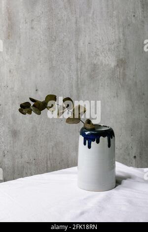 Eucalyptus branch in ceramic vase on white linen tablecloth with gray wall behind. Copy space. Stock Photo