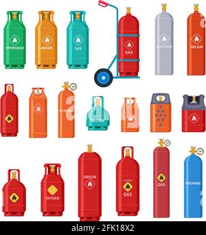 Gas cylinder. Oxygen metal tank, bottle storage. Home and outdoor petroleum industry equipment. Isolated nitrogen balloons vector icons set Stock Vector