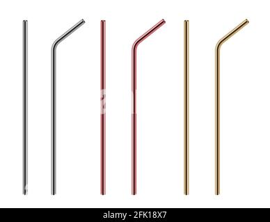 Metal straws. Reusable steel straw, stainless bars. Isolated realistic eco pipe for different drinks vector set Stock Vector