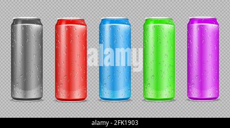 Color aluminium cans. Realistic water drops on drink steel bottles. Can isolated on transparent background. Metal beer or soda package vector mockup Stock Vector