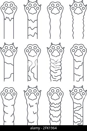 Cat paws. Sketch line pets, simple fun kitten footprints. Doodle animal foot with claws icons. Cute tiger leg silhouette vector illustration Stock Vector