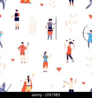 Medieval Characters Pattern. Cartoon Print With Fairytale King, Prince 