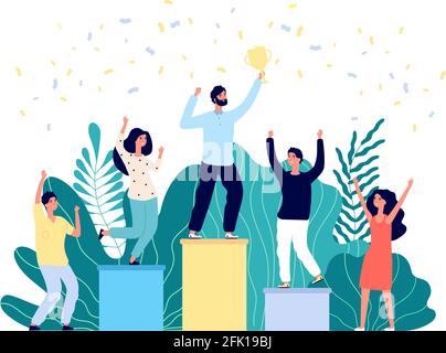 Winner ranking. Best business winner, gold trophy. Businessman champion on podium, work success award. Quality job results vector concept Stock Vector