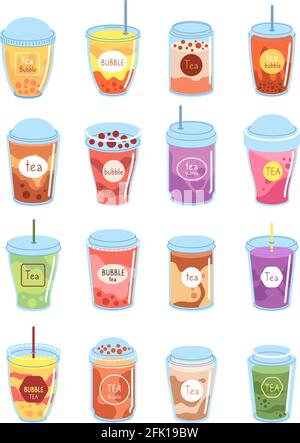 Bubble tea. Boba milk dessert, cup drink. Taiwan drinking lifestyle, cold latte, mocha coffee. Fruit smoothie milkshake vector illustration Stock Vector