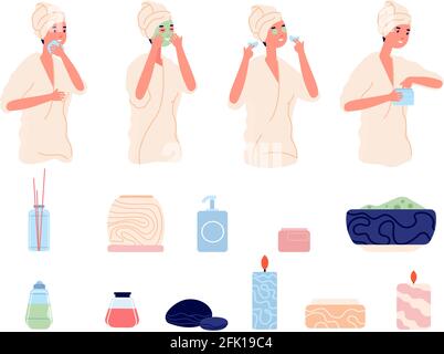 Skin care routine. Skincare, face caring. Spa cosmetics treatment with cleaning and moisturizer cream scrub. Beauty procedures vector set Stock Vector