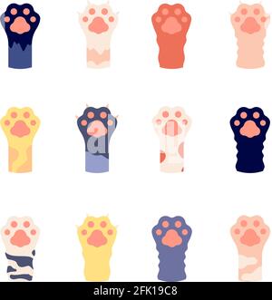 Cat foots. Animal paws close up. Flat wild kitty footprints with claws. Cute cartoon pet legs icons. Wild leopard or tiger foot vector set Stock Vector