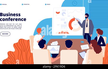 Business conference. Professional discussing, male conference. People working, public speaker or coach. Work meeting vector landing page Stock Vector