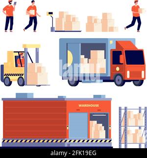 Warehouse. Isolated delivery truck stock unloading, transport. Cargo transportation. Logistic service elements. Service worker vector set Stock Vector