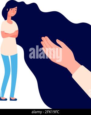 Hand helps. Helpful psychology support. Young woman in depression. Empathy friendly sharing. Mental healthcare therapy vector illustration Stock Vector