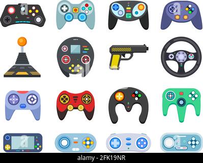 Game console. Vintage playing joystick, gamer device. Gaming player, joy video games gadget. Isolated entertainment controllers vector icons Stock Vector