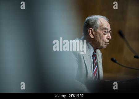 Washington, United States. 27th Apr, 2021. Sen. Chuck Grassley, R-IO, speaks during a Senate Judiciary Subcommittee on Privacy, Technology, and the Law Hearings to examine how social media platforms' use algorithms and amplification, at the U.S. Capitol in Washington DC. Tuesday, April 27, 2021. Pool photo by Al Drago/UPI Credit: UPI/Alamy Live News Stock Photo