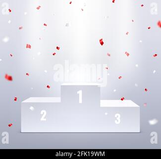 Podium and confetti. Sport pedestal for winners, 3d stairs award. Realistic trophy platform or stand. Celebration victory vector background Stock Vector
