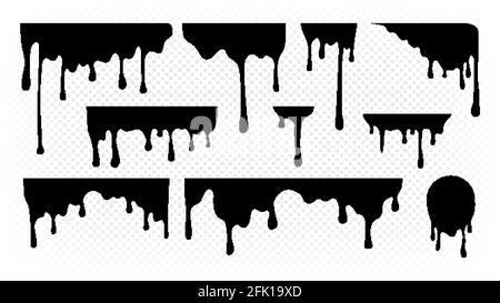 Dripping ink. Melting paint, liquid drops black oil. Isolated splashes, graffiti elements. Spray stream or flow trickle vector set Stock Vector