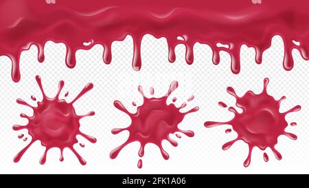 Dripping jam. Sweets berries sauce, delicious raspberry healthy dessert. Pink glaze or candy liquid cream background. Realistic cherries splash vector Stock Vector