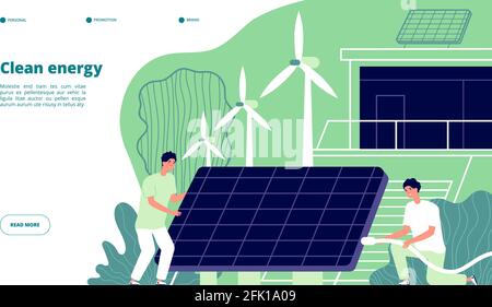 Renewable power energy. Smart grid, renewable storage. Future solar electric system. Environmental battery engineers vector landing page Stock Vector