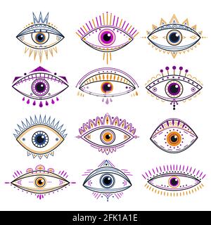 Eye of providence. Evil eyes, mystic esoteric symbols. Abstract occult signs design. Decorative alchemy and magic line tattoo vector icons Stock Vector