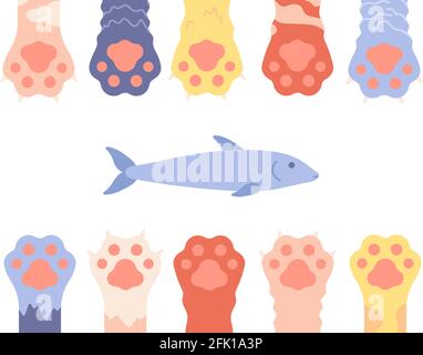 Pet paws. Funny cat foots background. Isolated wild animal legs and fish, kitten footprints frame. Veterinary or pet shop vector banner Stock Vector