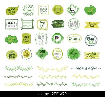 Eco emblems. Organic logo, green leaf borders. Natural fresh food stamps. Doodle branches, nature ornament. Vector healthy products stickers Stock Vector
