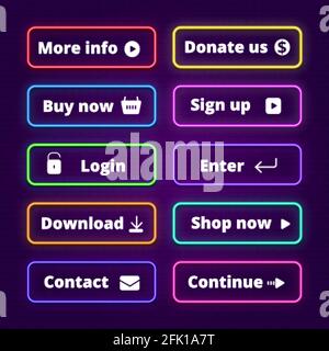 Neon buttons. Glow enter shop web badges. Click lighting frames for site. Modern glowing internet website button. Login and shopping vector icons Stock Vector