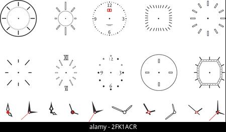 Clock faces. Modern wall watch face design. Isolated dials with needles, numbers and arrows. Black minimalistic timepiece vector symbols Stock Vector