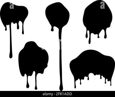Dripping blobs. Black ink drops. Flat paint spots. Isolated flow oil or dark slime vector illustration. Stock Vector