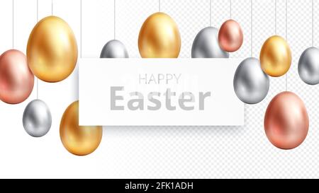 Happy easter. Egg hunting banner, celebrating poster with hanging gold eggs. Isolated springtime festive religion elements, greetings vector Stock Vector