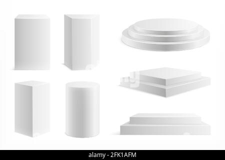 Realistic podium. Square shape showroom pedestal. Blank stand, 3d grey empty platforms. Isolated stairs for winner or exhibition vector set Stock Vector