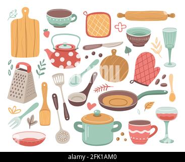 Kitchen tools. Kitchenware, cooking baking utensils. Doodle ceramic kettle, spatula and glass. Isolated modern household elements vector set Stock Vector