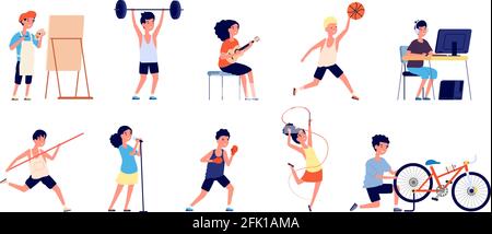 Children hobbies. Kid gaming, vr computer play. Happy young active child. Hobby boy girl, gamer and artist, dancer and musician vector set Stock Vector