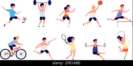 Sport children. Cartoon dance girls. Child with basketball ball, playing soccer raises barbell. Young healthy childhood vector illustration Stock Vector