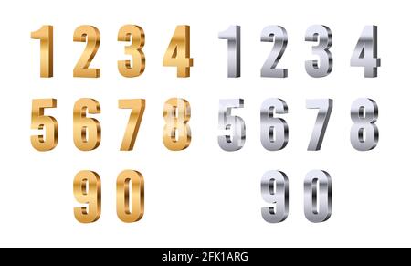 3d numbers. Gold silver digits, stylish beauty font elements. Glitter figures for price or sale, anniversary or discount. Shiny vector set Stock Vector