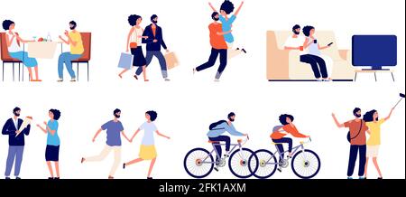 Couple weekend. Happy relaxed meeting, pleasure man woman. Cooking, outdoor or home recreation. Kiss and hugs adults vector set Stock Vector