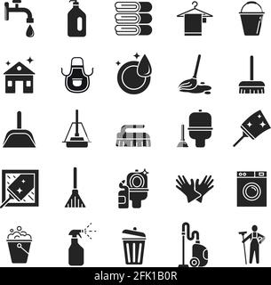 Cleaning service icons. Clean equipment, quality maid household. Housekeeping elements for website. Automation home work graphic vector sign Stock Vector