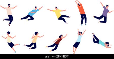 Flying people. Falling woman man. Dreams of persons, fly in air space. Floating pose, imagination and creativity character flight vector set Stock Vector