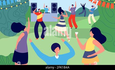 Garden party. Adult outdoor barbecue. Women men in summer park. Disco, friends drinking and recreation. Backyard leisure vector illustration Stock Vector