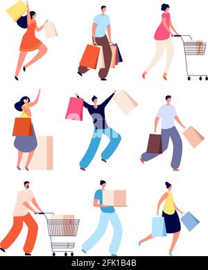 Shopping people. Female with shop bags. Sale offer, joyful guy and girl. Adults walking and buying, isolated shopper with cart vector set Stock Vector