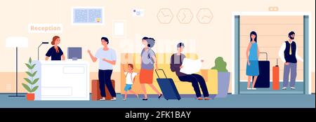 Hotel reception. Check desk, recreation people with suitcase. Hostel entrance, accommodation or registration service vector illustration Stock Vector