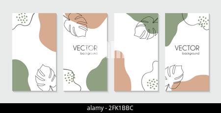Minimal organic instagram stories template. Vector set of vertical abstract backgrounds with tropical leaves Stock Vector