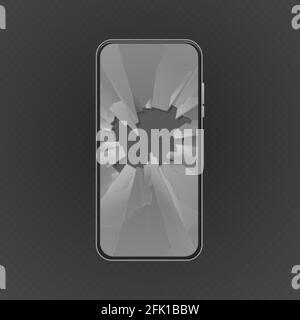 Broken screen. Crashed smartphone, glass hole. Isolated realistic unworked modern phone vector illustration Stock Vector