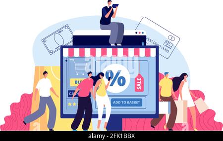 Online shopping. Phone shop, person buying on laptop. E-commerce, bags purchasing or parcel delivery. Modern people shoppers vector concept Stock Vector