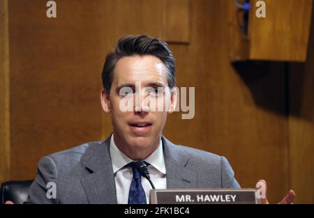 United States Senator Josh Hawley (Republican of Missouri, asks questions during a hearing of the Senate Judiciary Subcommittee on Privacy, Technology, and the Law, at the U.S. Capitol in Washington DC, on Tuesday, April 27, 2021. The committee will hear testimony about social media platforms' use of algorithms and amplification. Credit: Tasos Katopodis/Pool via CNP /MediaPunch Stock Photo