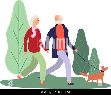 Dog owners. Elderly couple walking with puppy. Healthcare therapy, breathe fresh air. Old people walk in park or forest vector illustration Stock Vector