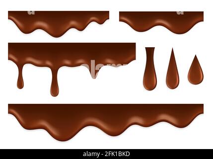Dripping chocolate. Liquid syrup, foods delicious sauce. 3d current cacao background. Melted drop, realistic stream droplets oil vector set Stock Vector