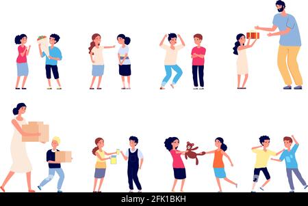 Bad behavior. Bad boy girl. Bully child has conflict. Little friends quarrel, bullying and arguing, destroyed toy and crying kids vector set Stock Vector