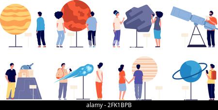 Planetarium. Astronomy, people observatory excursion. Astronomical scientific, planets solar system, telescope. Space exhibition vector set Stock Vector