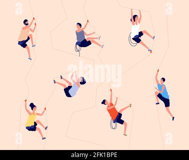 Climbing rock. Indoor climb wall, gym extreme recreation. Man woman climbers on mountain cliff with equipment. Adventure vector illustration Stock Vector