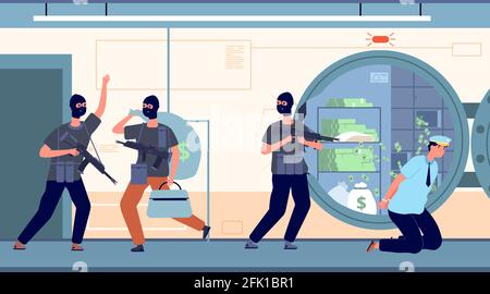 Bank robbery. Banking robbers with money. Cartoon thieves, finance crime. Protection or security financial organization vector illustration Stock Vector