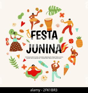 Festa Junina poster. Latin dancing party, traditional brazil carnaval in June. Dance people, musical instruments guitar, drum and maracas. Festive Stock Vector