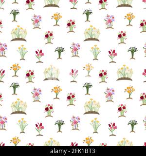 Garden flowers pattern. Colorful tulips daisy, green plant in ground. Planting or gardening, season floral textile print. Bouquets vector seamless Stock Vector